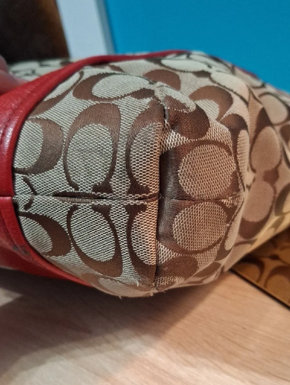 Coach Park Signature Canvas Shoulder Bag in Tan with Red Trim F30341